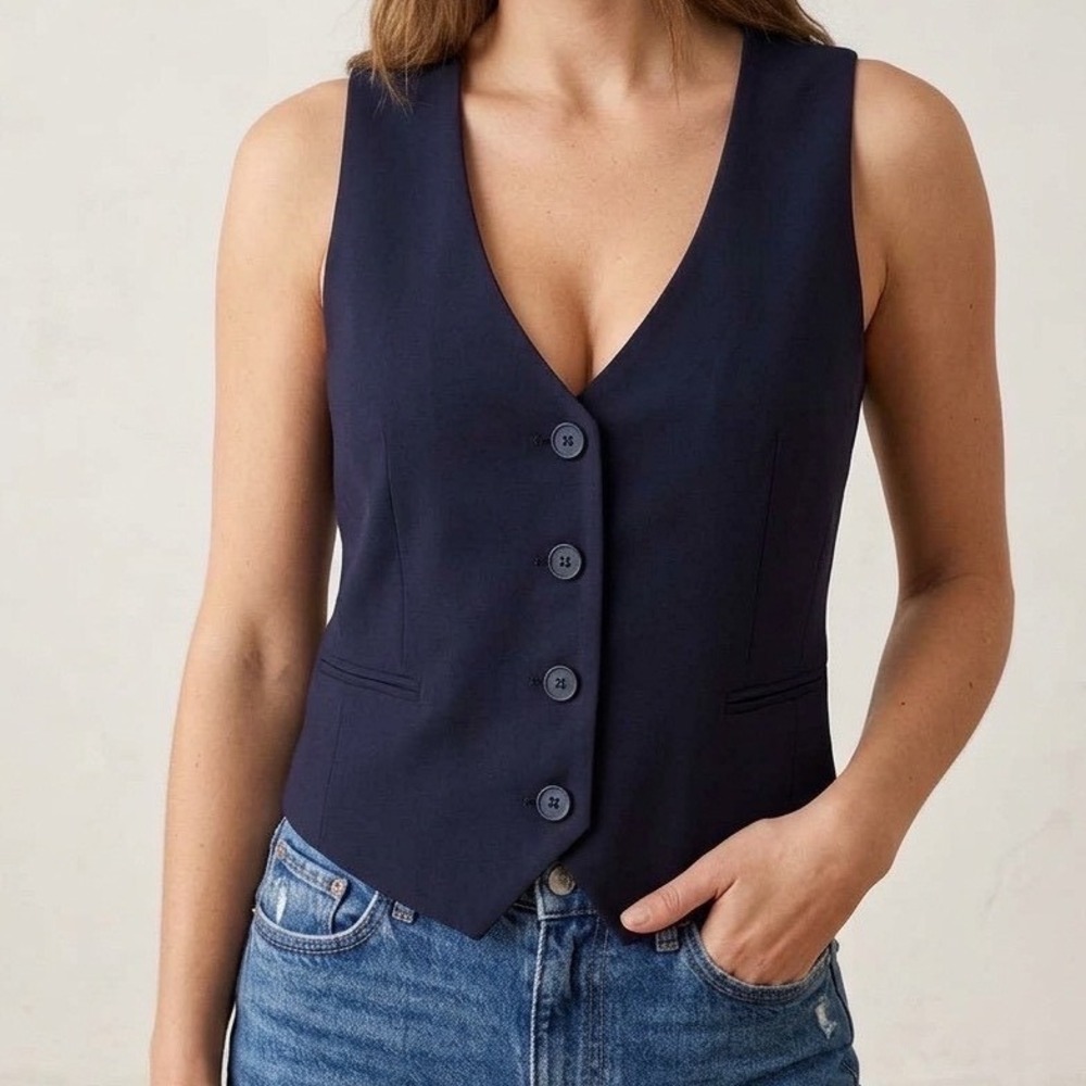 Stradivarius Womens Navy Blue Tailored Button Up Vest Sleeveless Lined Sz Medium